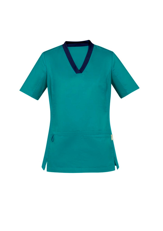 A teal women's scrub top featuring a stylish navy collar and short sleeves, with a logo on the side.