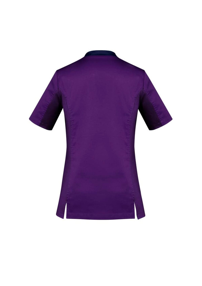 A purple women's scrub top with short sleeves and side slits, featuring a logo on the back.