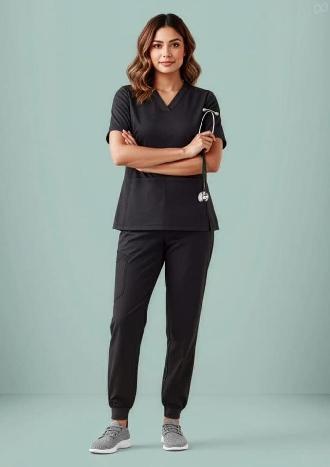 A black women's scrub top featuring a V-neck design, paired with matching black scrub pants and sneakers.
