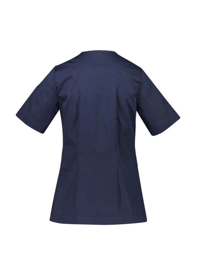 A navy scrub top with short sleeves and a zip front, featuring a fitted design and a logo on the sleeve.