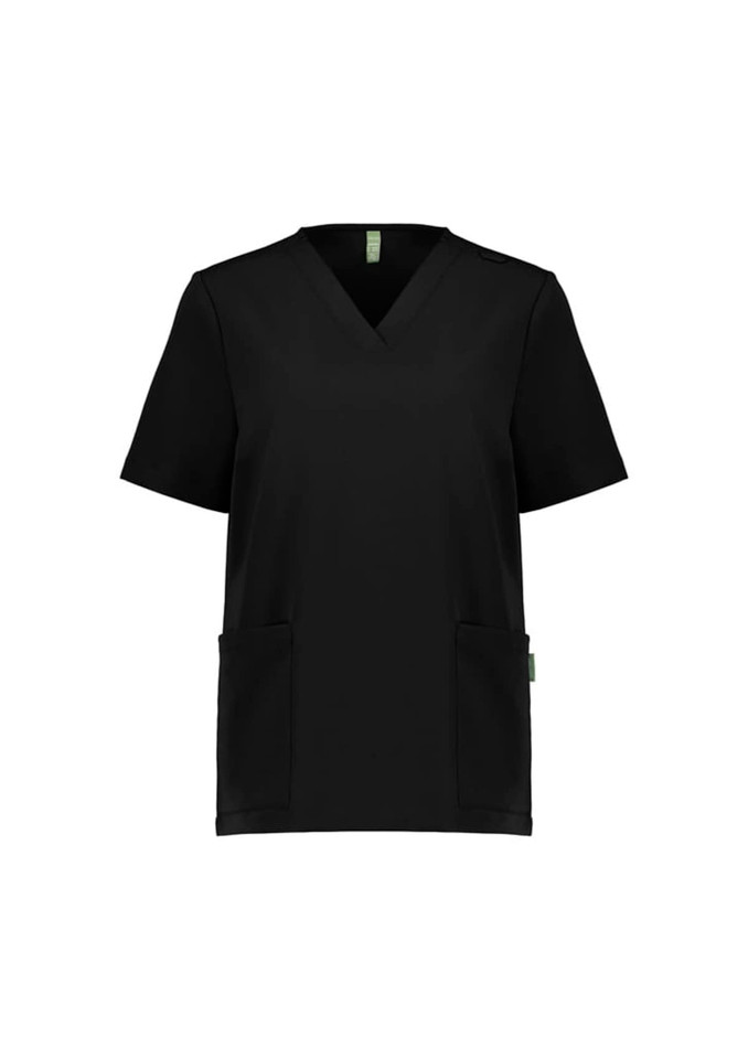 A black women's V-neck scrub top with short sleeves and two front pockets. It features a branding logo.
