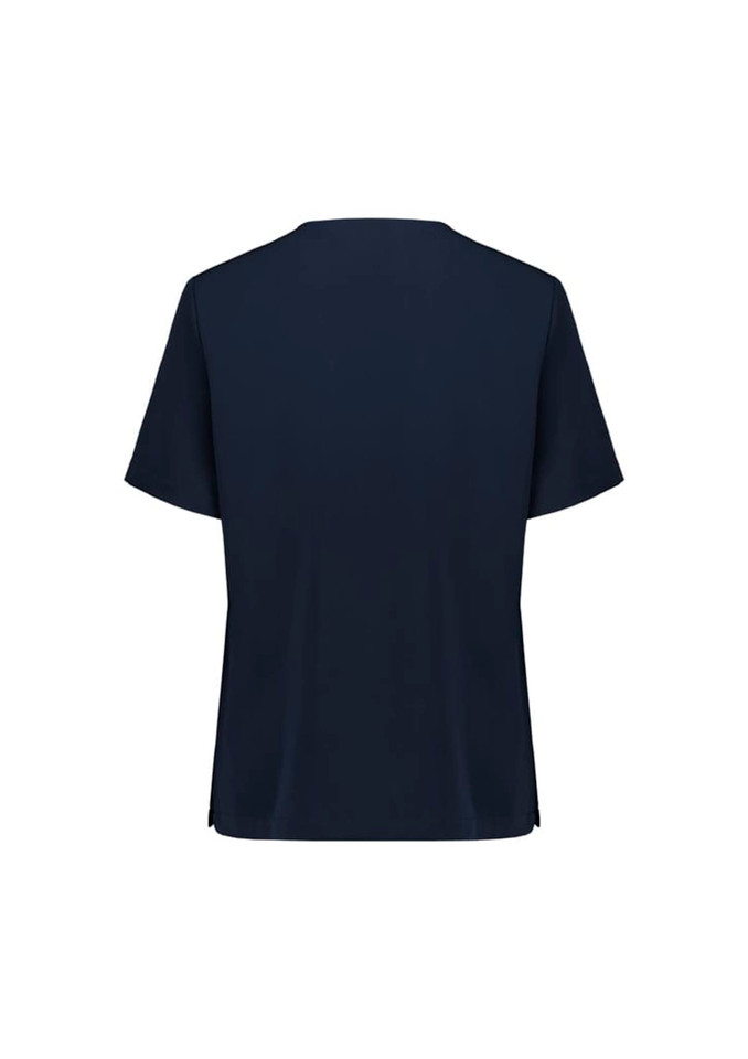 A navy women's V-neck scrub top with short sleeves and a simple design. Features a logo on the back.