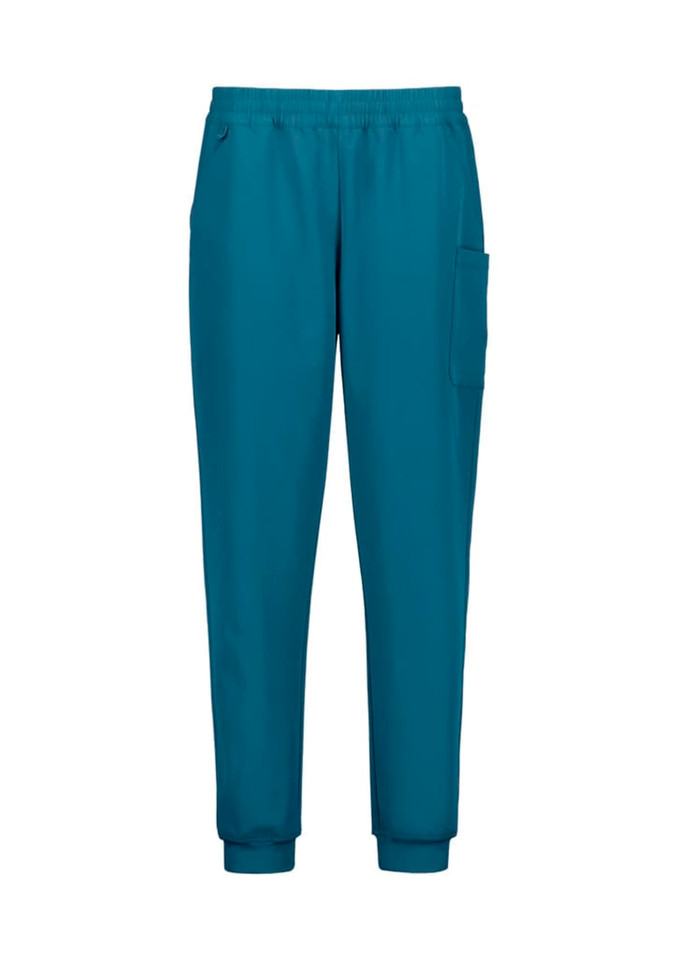 A pair of teal women's jogger scrub pants featuring an elastic waistband and side pockets.