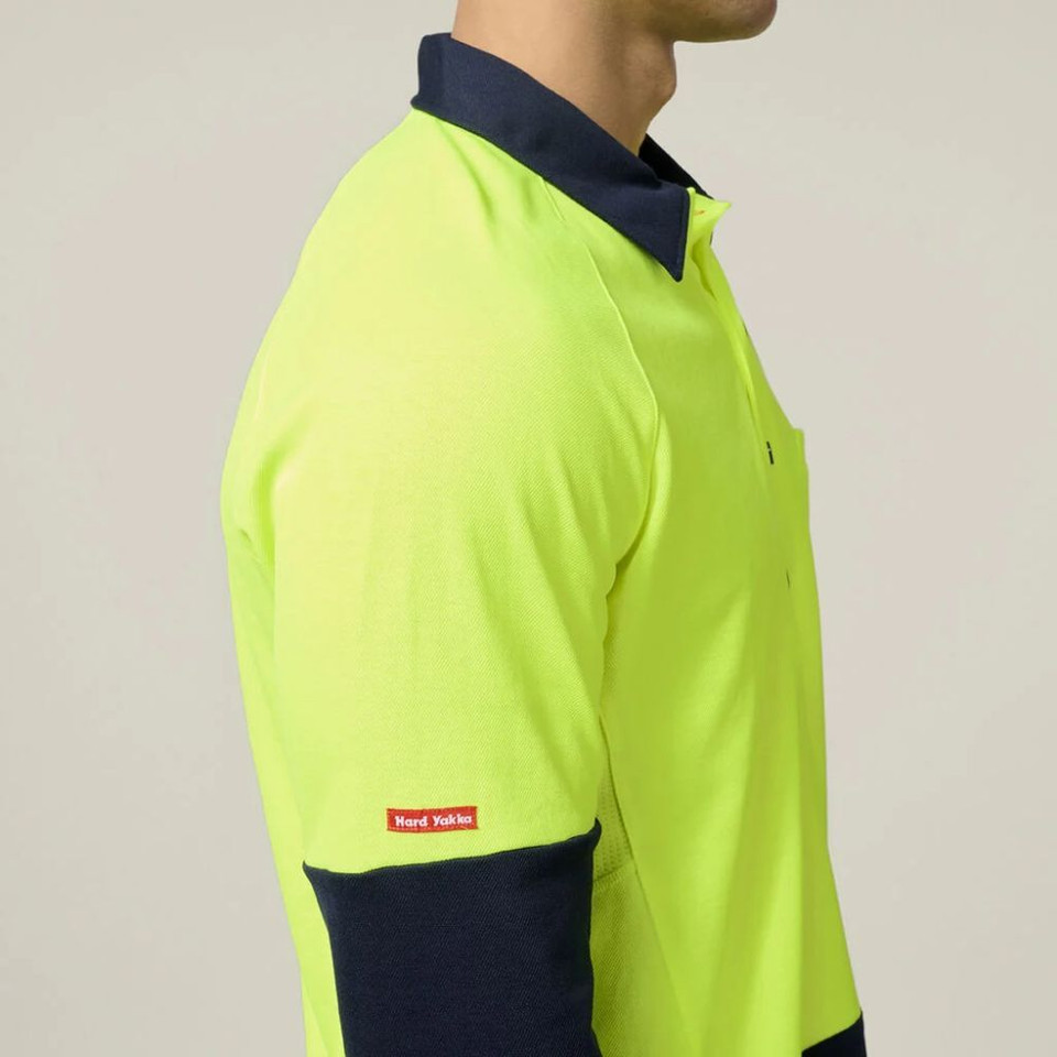 High visibility yellow polo shirt with dark collar and cuffs, men's workwear.