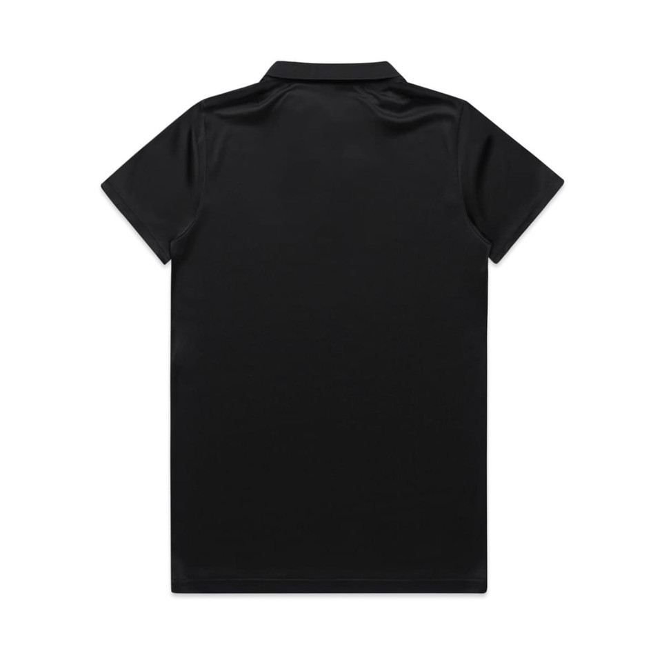 A black work polo shirt with a plain design and a collar, featuring a logo on the back.
