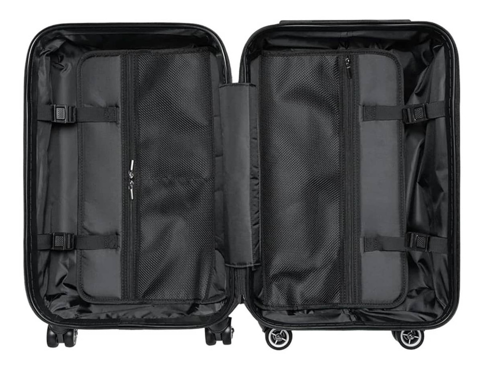 A black wheeled suitcase interior featuring two compartments with mesh pockets and straps for organisation.