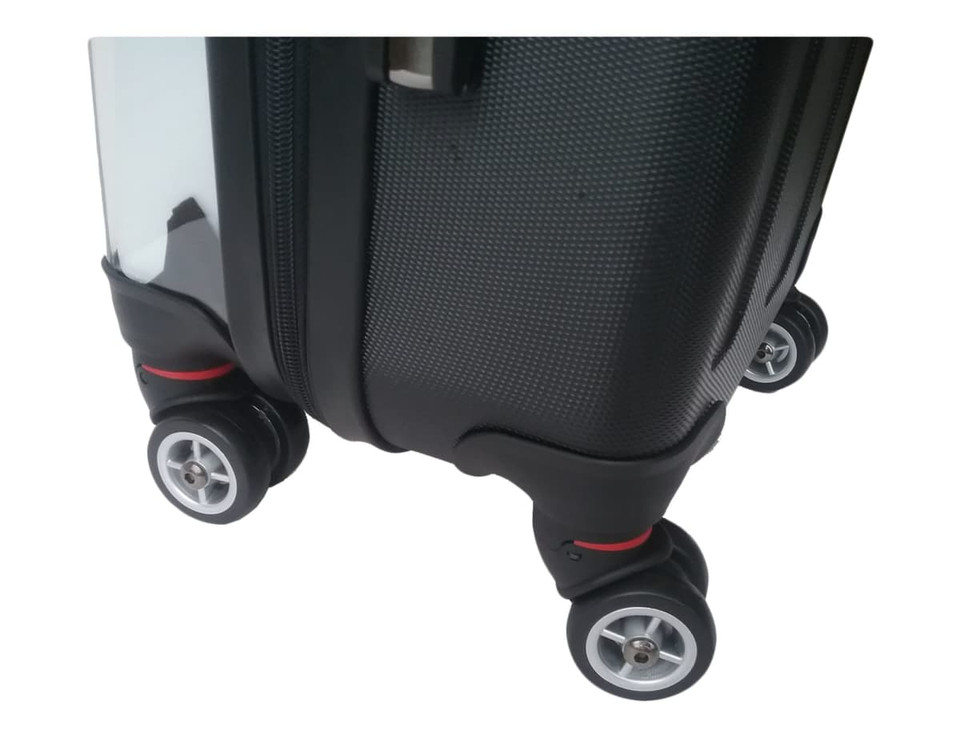 A black wheeled carry-on suitcase featuring four spinner wheels for easy manoeuvrability and a textured finish.