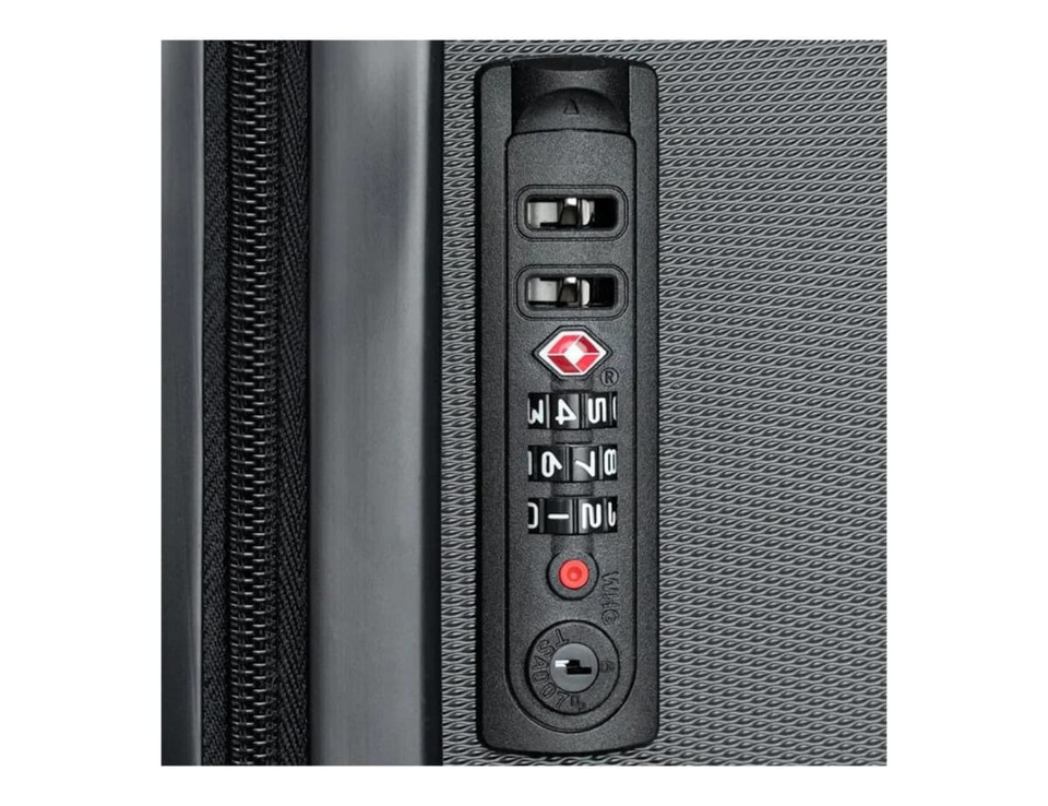A close-up of a black carry-on suitcase's combination lock panel, featuring dials and buttons.