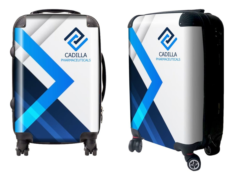 A wheeled suitcase in white and blue with a logo and geometric design. Features two wheels and a telescopic handle.