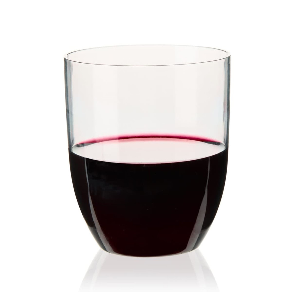 A stemless, shatterproof plastic wine glass filled with red wine. The glass features a sleek, contemporary design.