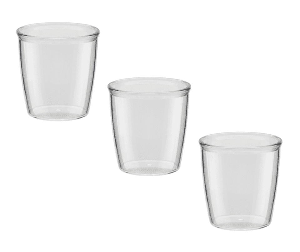 Three clear, transparent 4oz tasting cups arranged in a row, showcasing their simple design. Each cup has a smooth finish and a rounded shape.