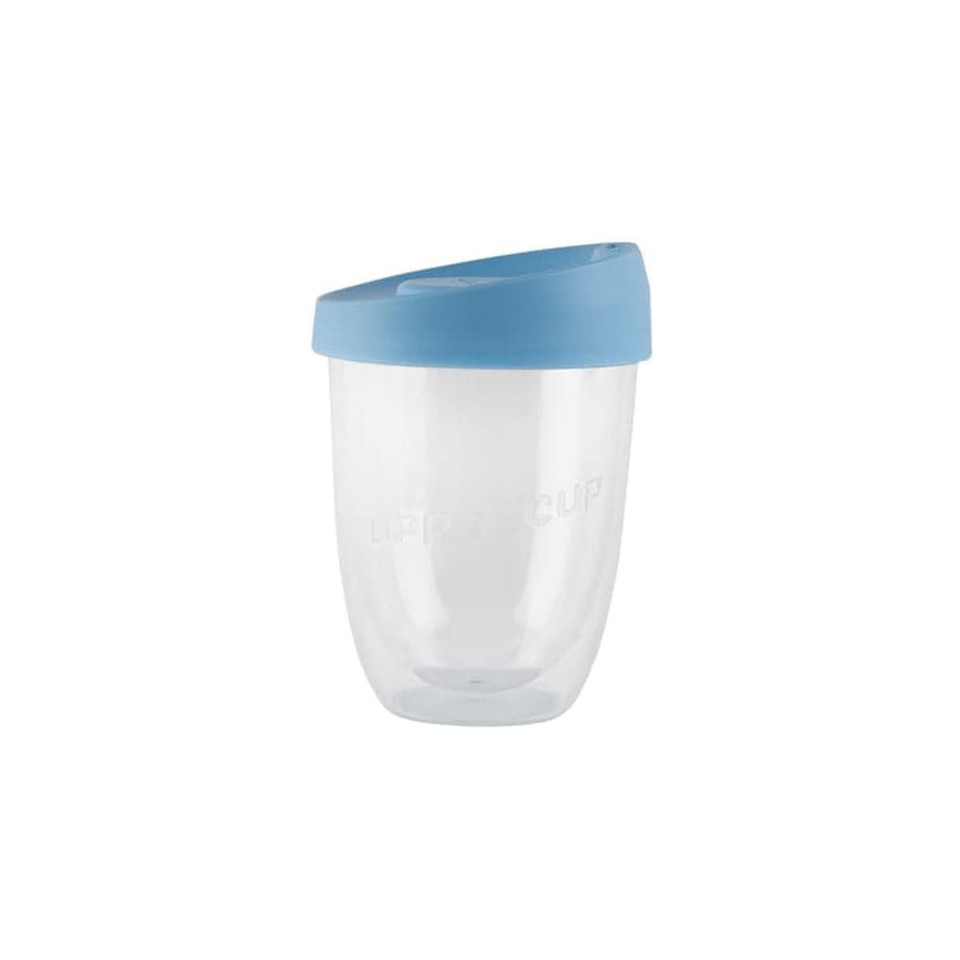 A drink bottle with a clear body and a blue lid, featuring a double wall design. It has a logo on the side.