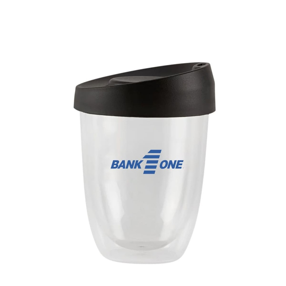A drink bottle featuring a clear double wall design with a black lid and a logo. Suitable for reusable coffee.