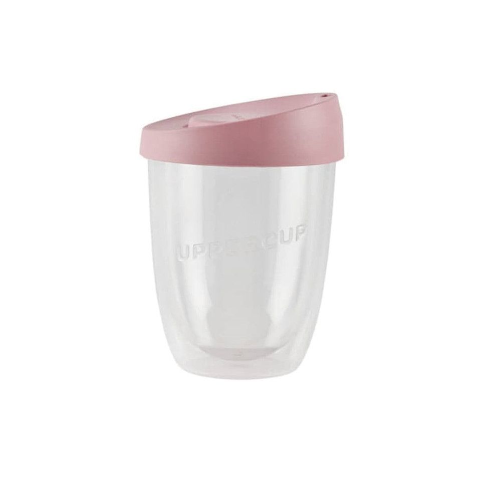 A drink bottle featuring a clear body and a pink lid, designed as a double wall cup. It has a logo.