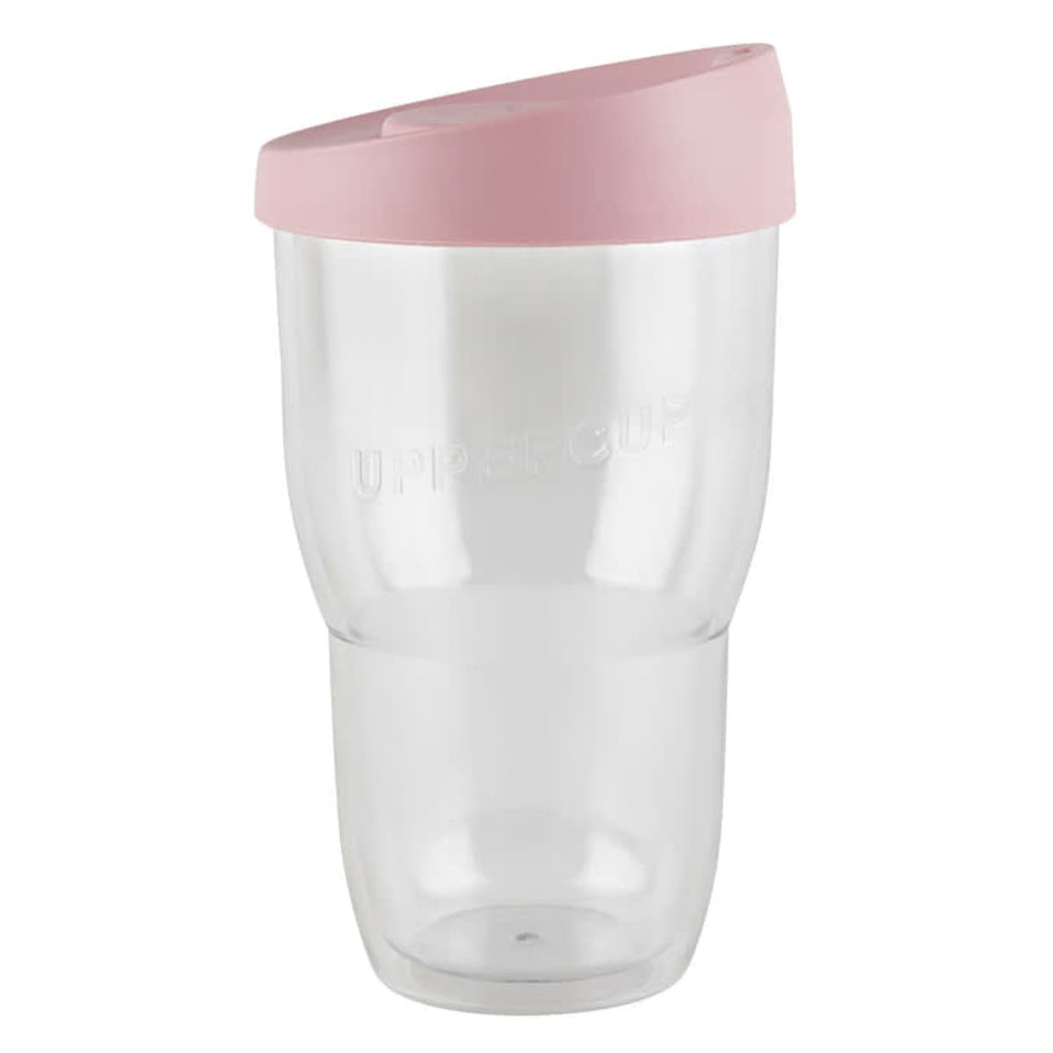A drink bottle featuring a clear body with a pink lid, designed as a double wall cup, 16oz capacity.