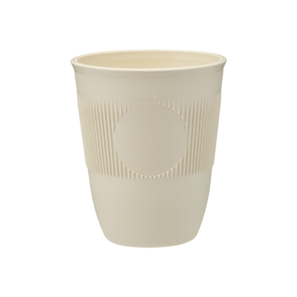 A drink cup in cream colour with a ribbed design and a central circular area, featuring a logo.