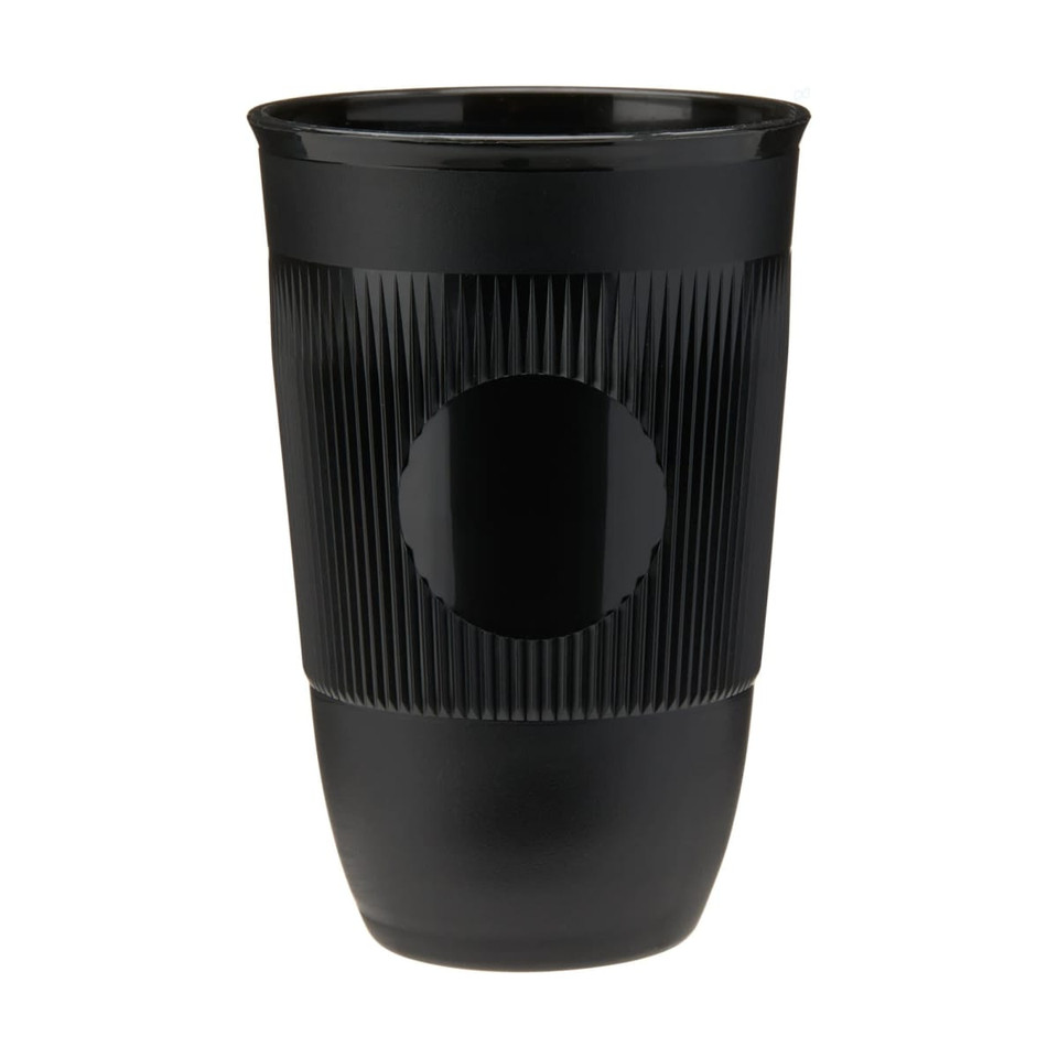 A drink bottle in matte black with ribbed texture and a circular logo space. Capacity of 16oz (454ml).