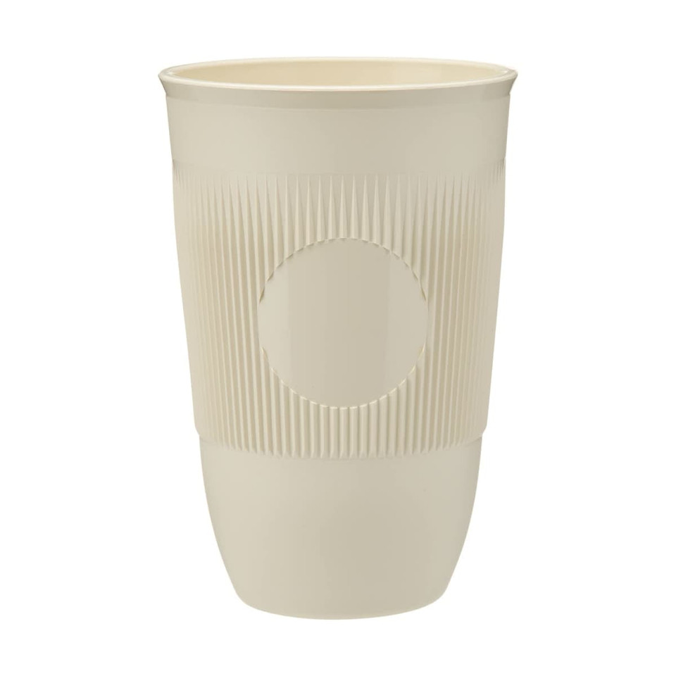 A drink bottle with a ribbed design, featuring a circular logo, in a light cream colour.