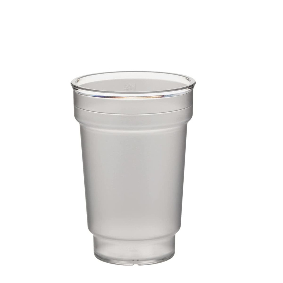 A 425ml plastic schooner glass in a frosted finish, featuring a smooth design and a transparent rim.