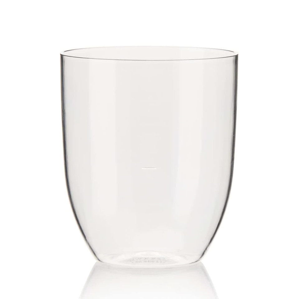 A clear stemless wine glass made from recycled Tritan™, featuring a smooth, modern design.