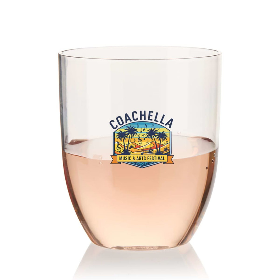 A stemless shatterproof wine glass made of recycled Tritan™, featuring a logo and filled with pink liquid.