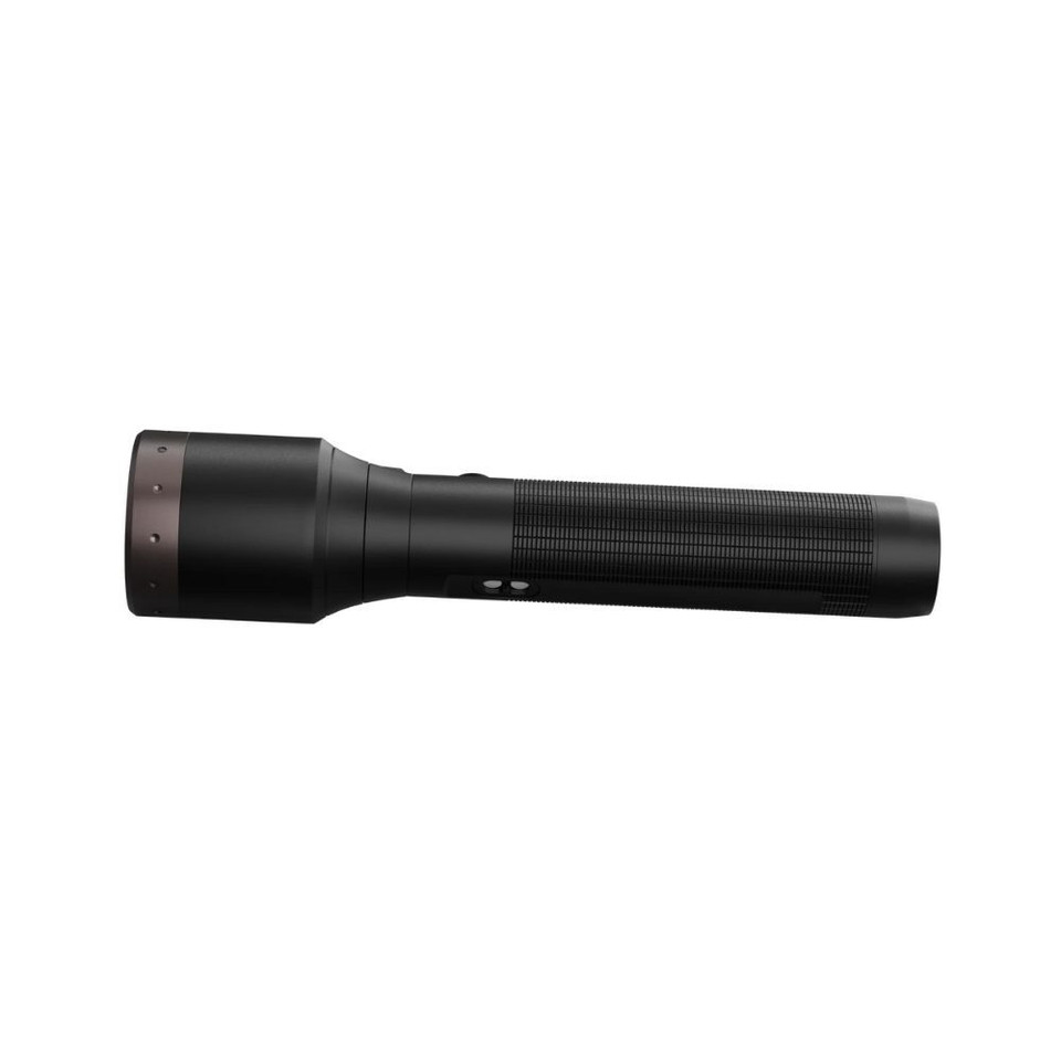 Black Ledlenser flashlight on white background, sleek and modern design.