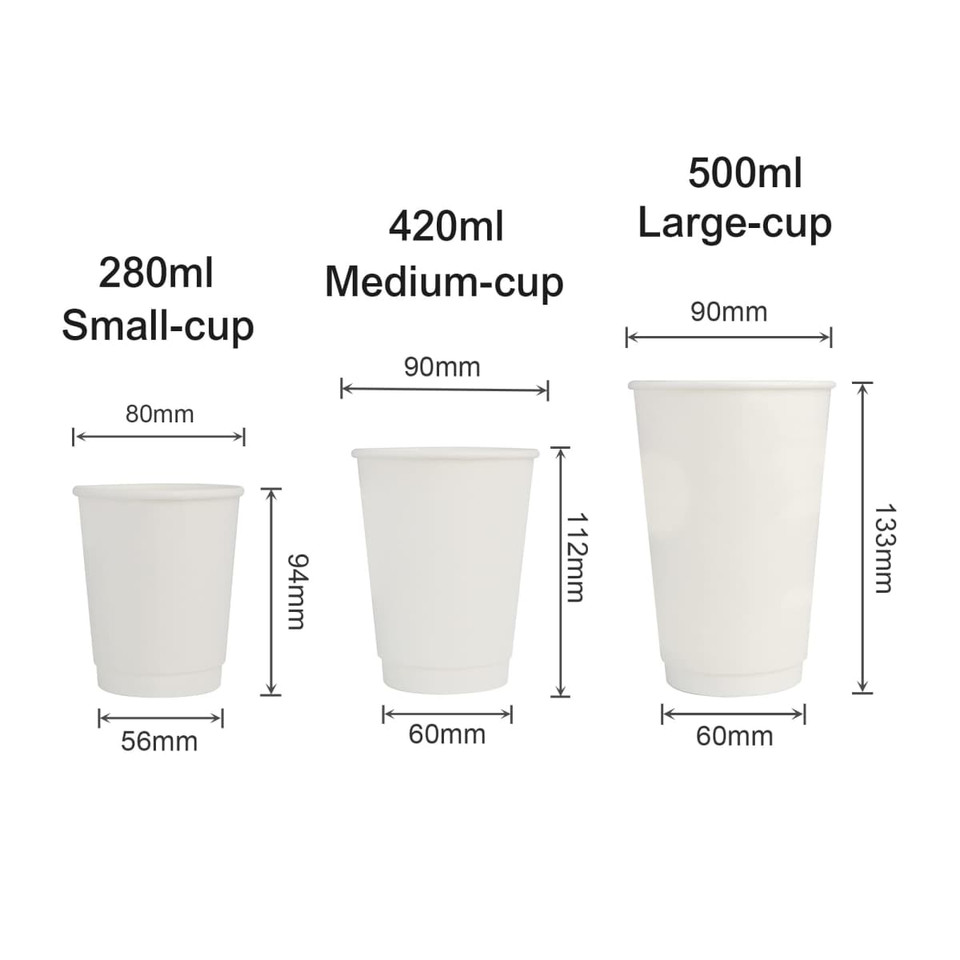Three sizes of cream-coloured compostable paper cups displayed with measurements, featuring a cup sleeve.