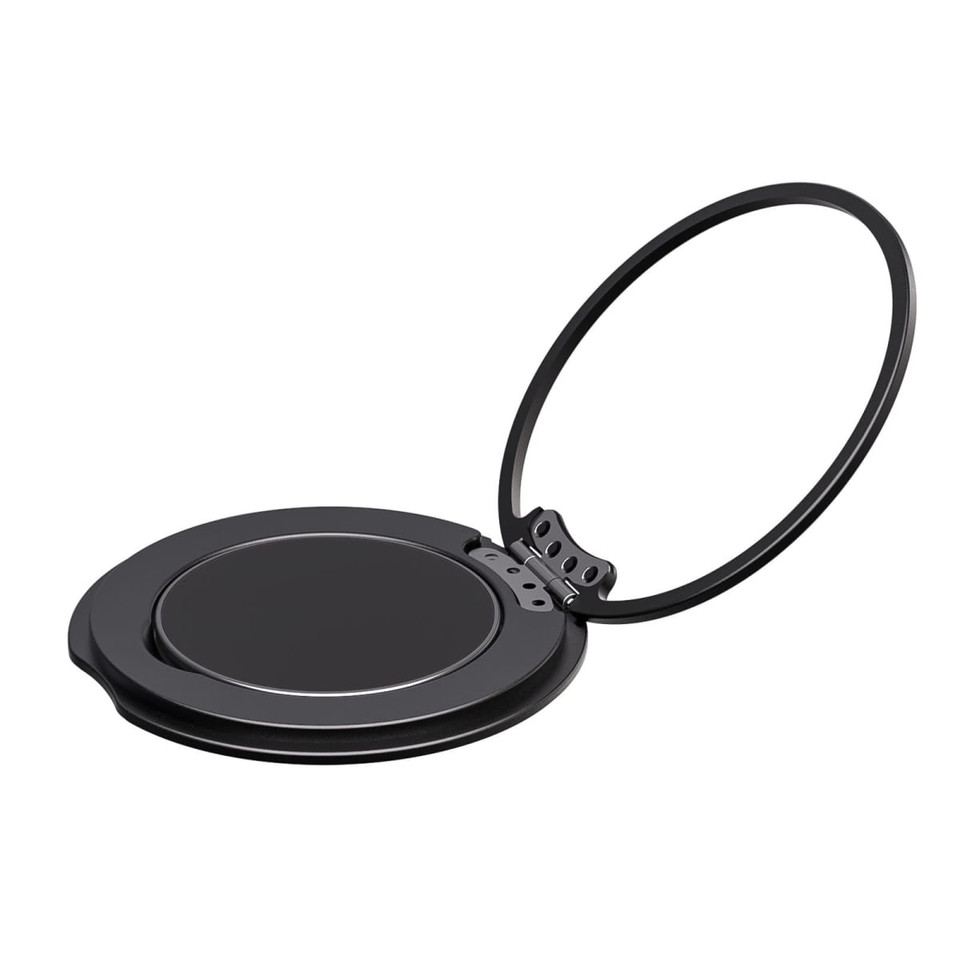 A black phone grip and stand with a circular base and a looping handle for easy use.
