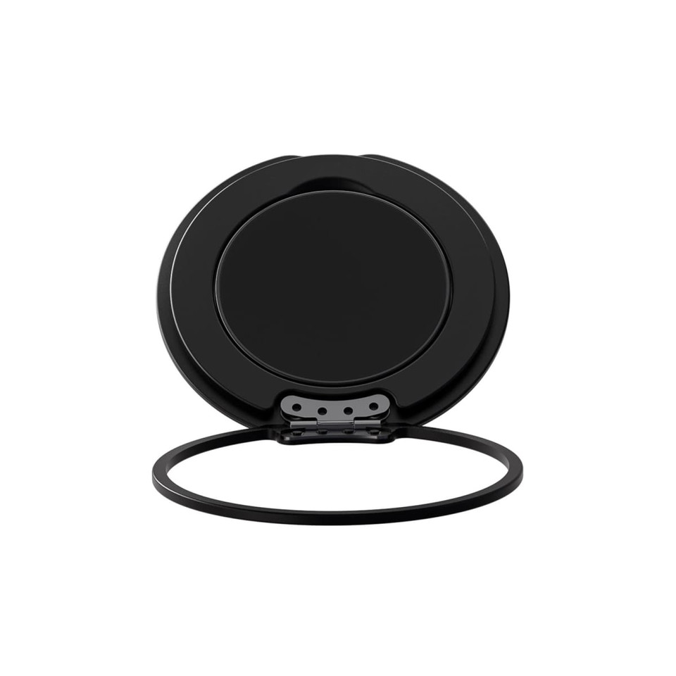 A black phone grip and stand with a circular design and a flexible ring for support. Features branding.