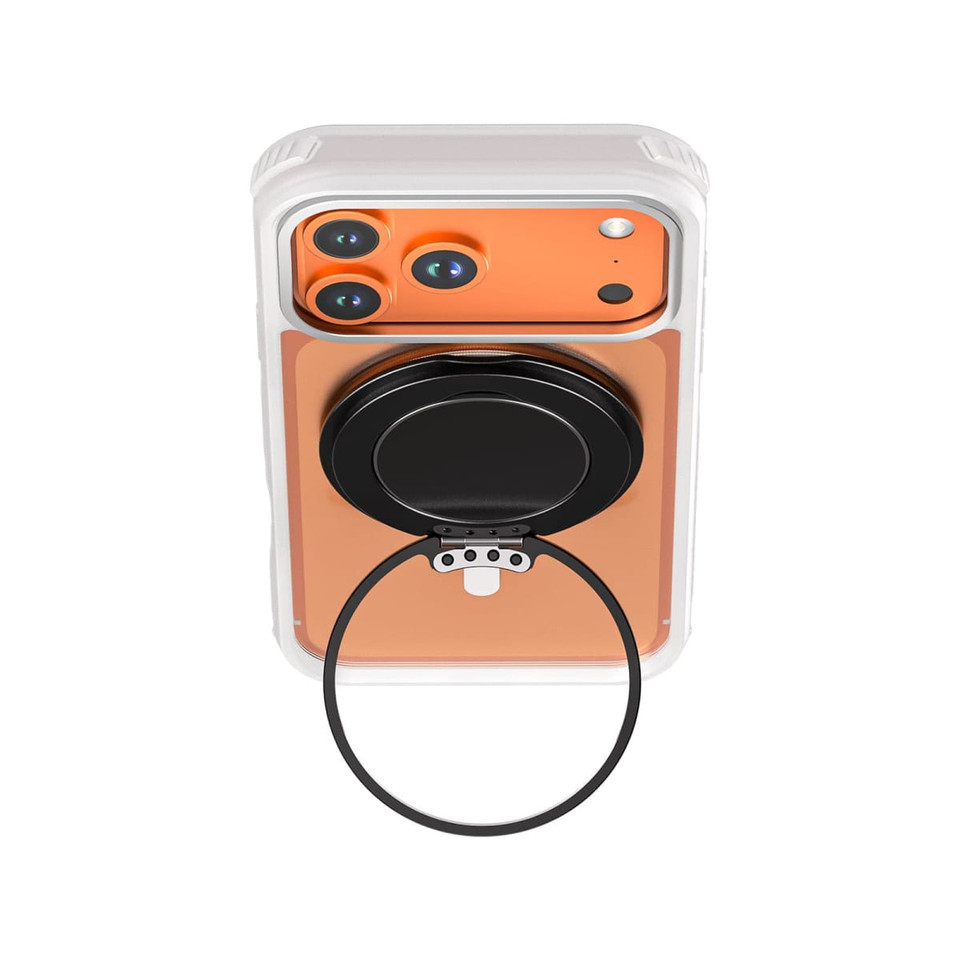 An orange phone case featuring a black grip and stand, designed for mobile devices, with a logo on the back.