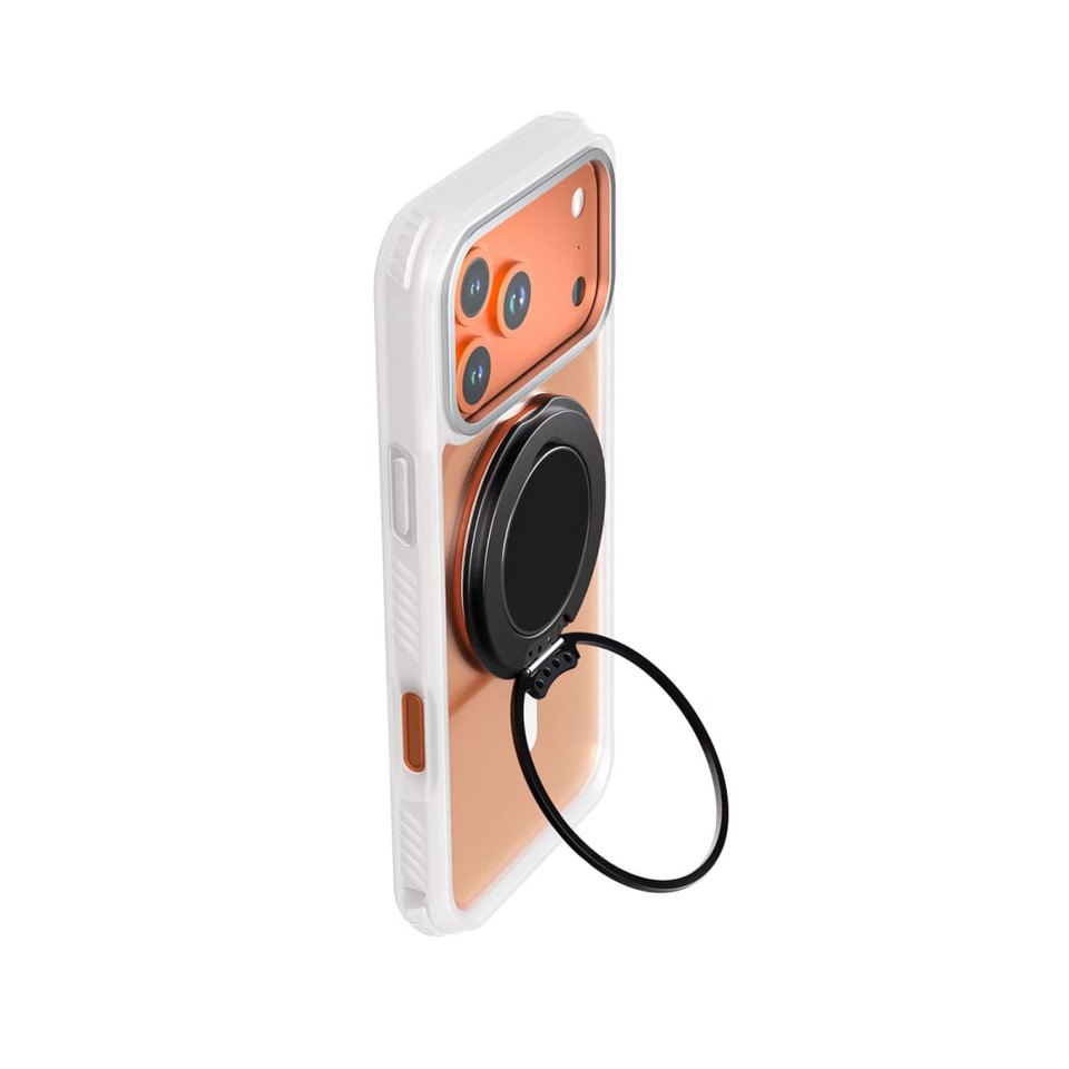 A phone case with an orange back features a black grip and stand attached, displaying a minimalist design and logo.