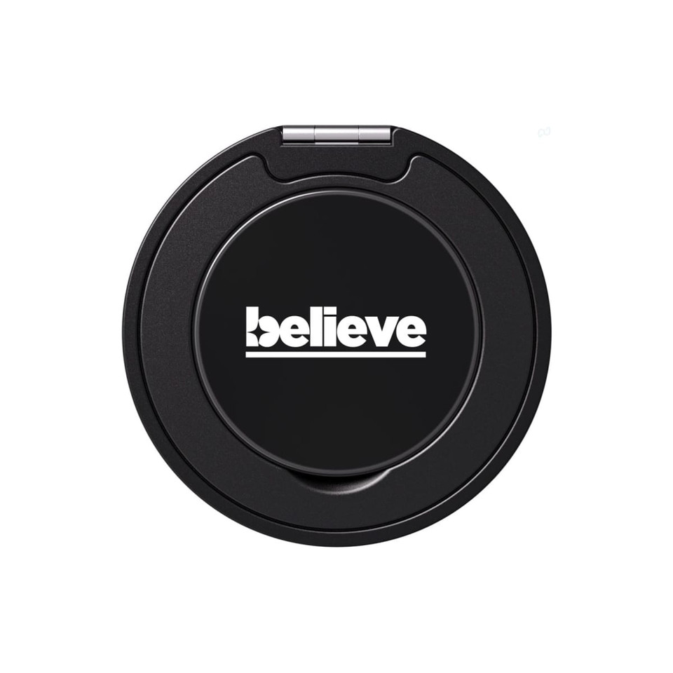 A black phone grip and stand with a circular design and a logo on its surface.