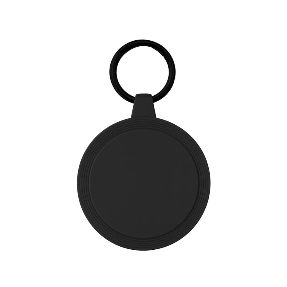 A black circular keychain with a textured rim and a loop for attachment. Features a branding logo.