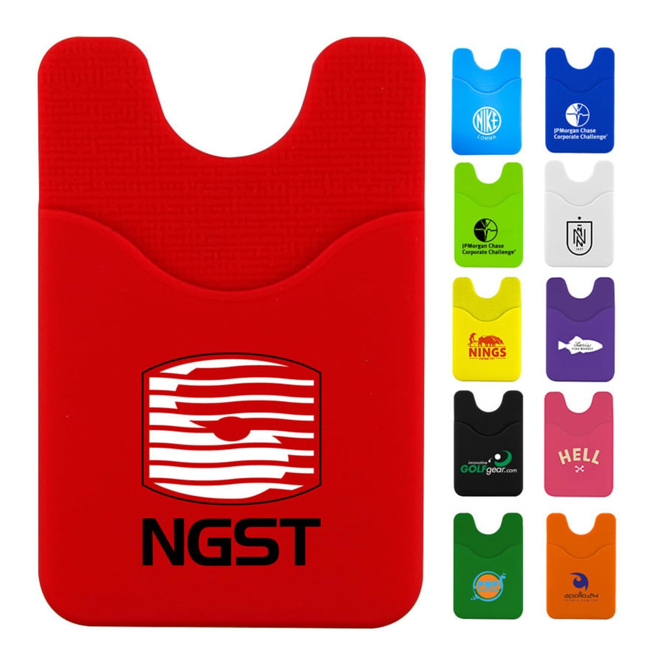 A red phone wallet with a logo, featuring a slot for cards and available in various colours.