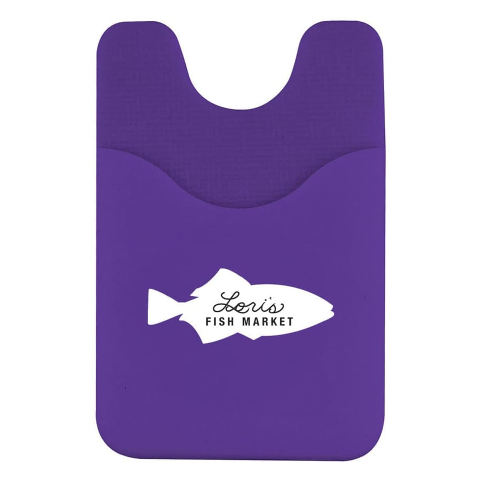 A purple phone wallet with a smooth texture and a pocket for cards, featuring a logo.