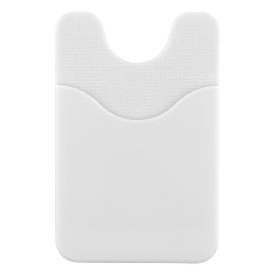 A white Smart Wallet designed to hold cards and attach to a phone, featuring a textured back and a cut-out section.