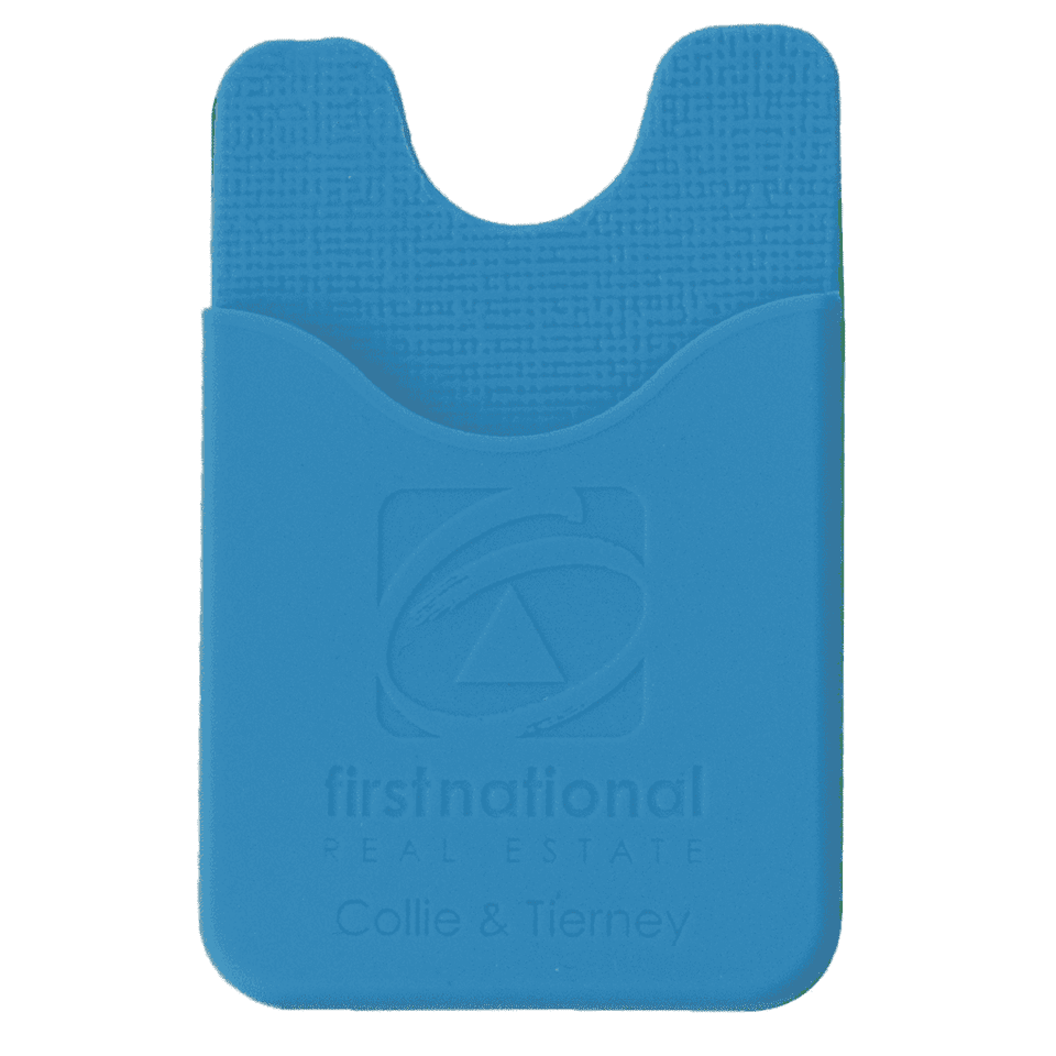 A blue phone wallet featuring a textured design and a logo, designed to hold cards or cash.