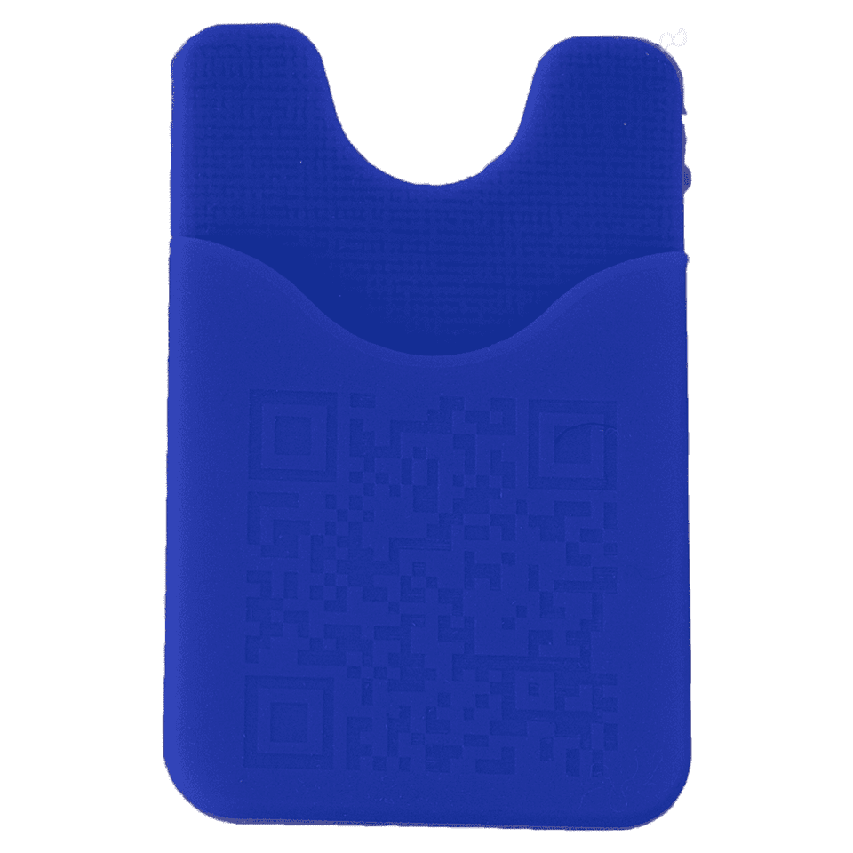 A blue smart wallet designed to hold cards and features a textured surface and a logo.