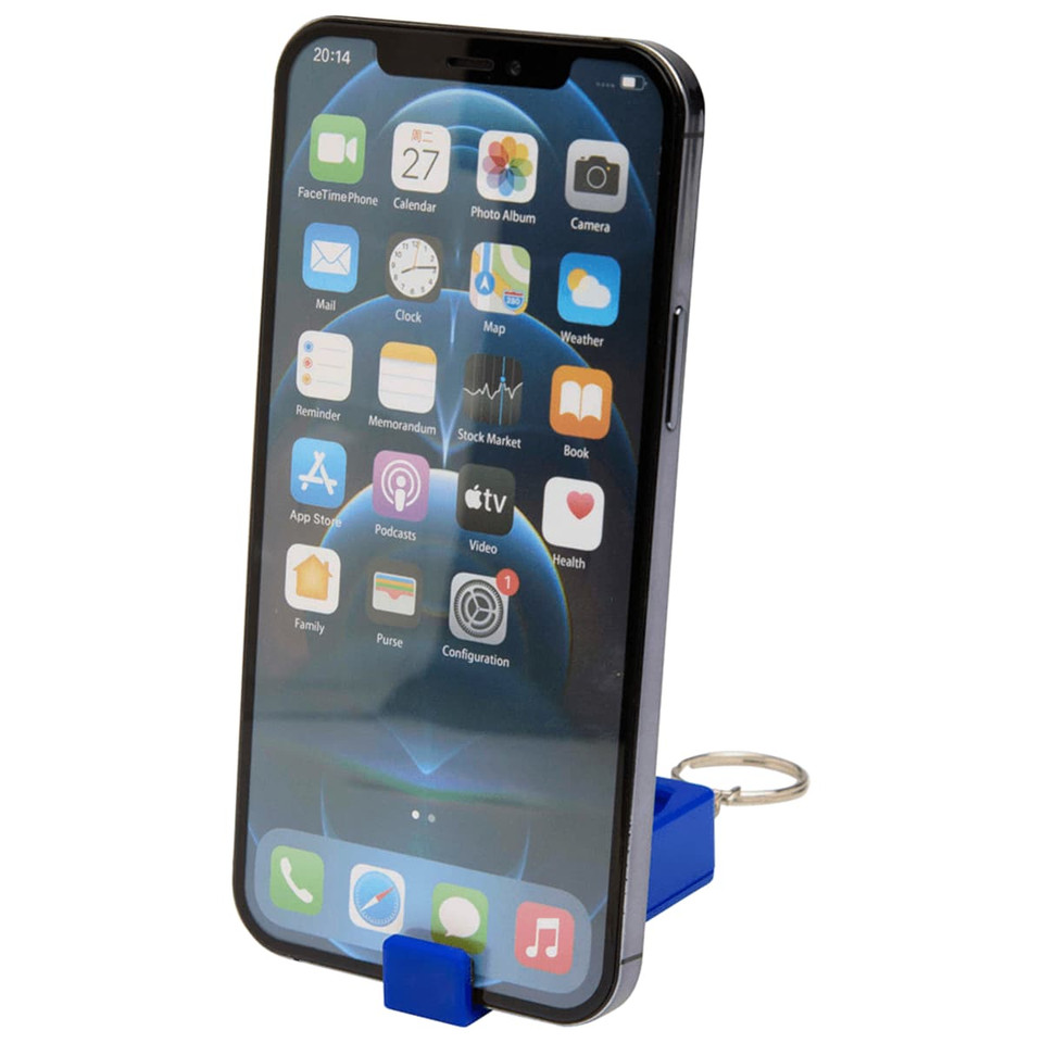A blue recycled plastic phone stand with a fidget toy, holding a smartphone displaying various apps.