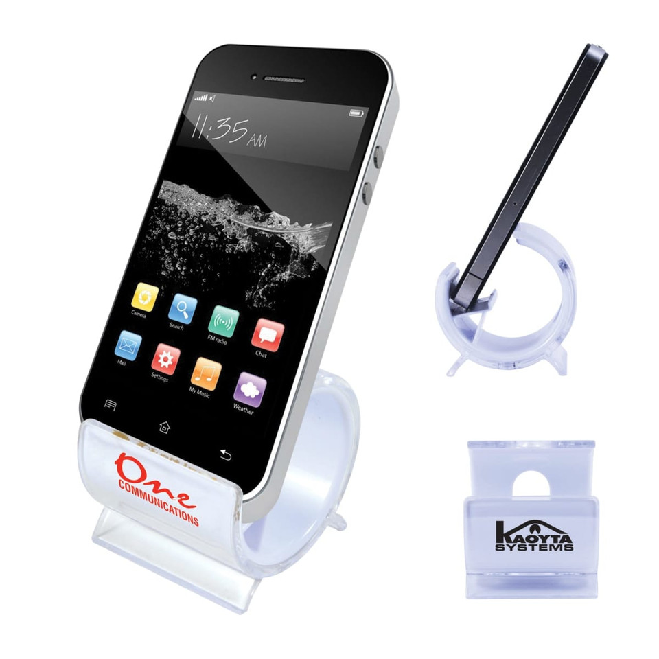 A clear phone holder with a smartphone mounted on it, featuring a visible logo.