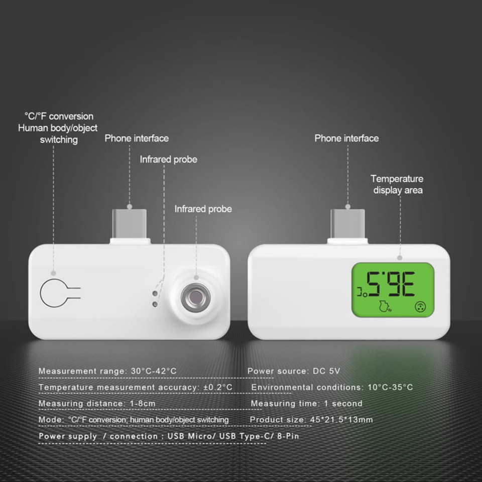 A white smartphone thermometer with an infrared probe, display screen, and a logo. Features measurement range between 30°C and 42°C.