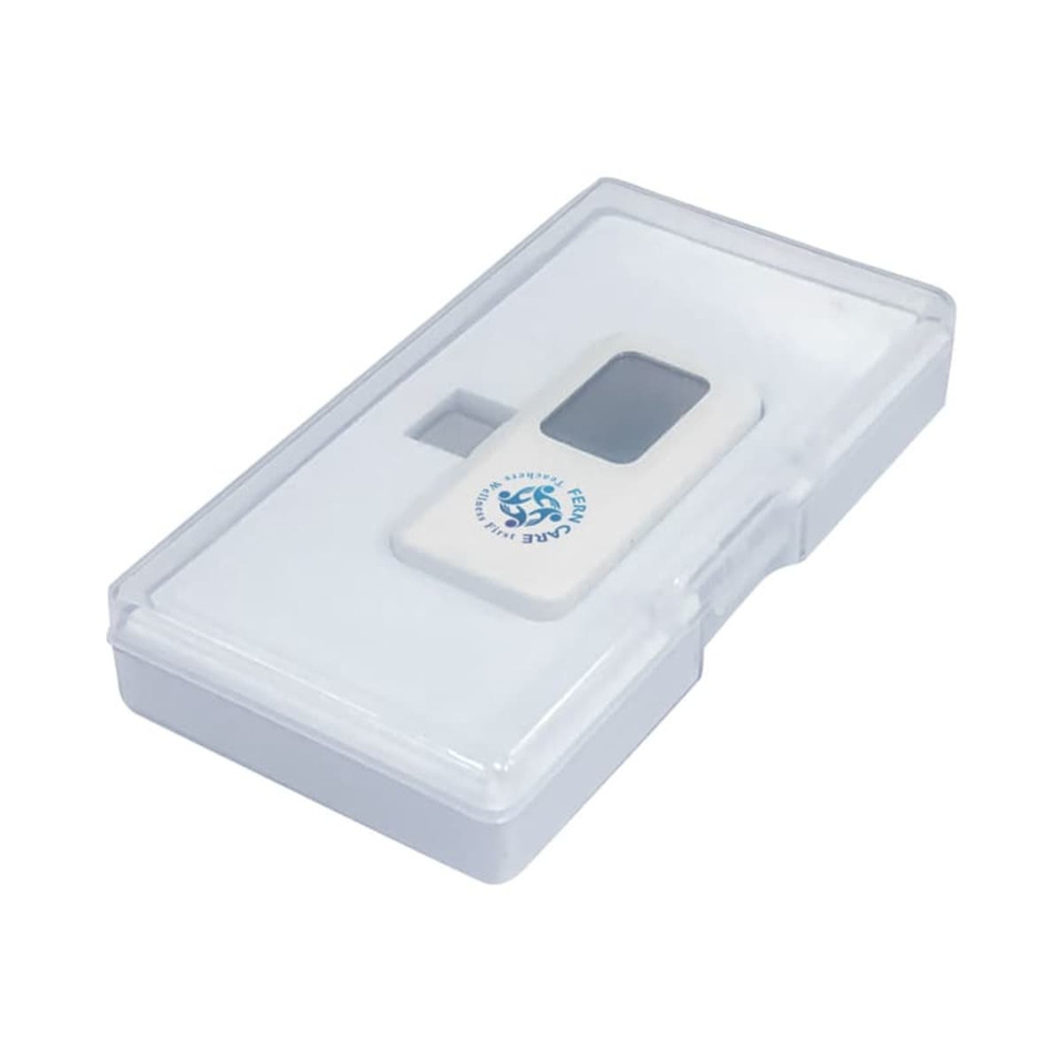 A white smartphone thermometer in a clear plastic case with a logo.