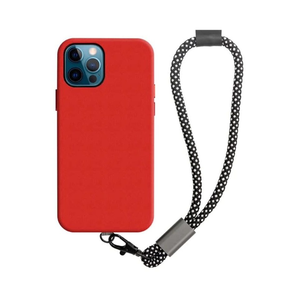 A red phone case with a black and white patterned wrist strap, featuring a metal clip and a logo.