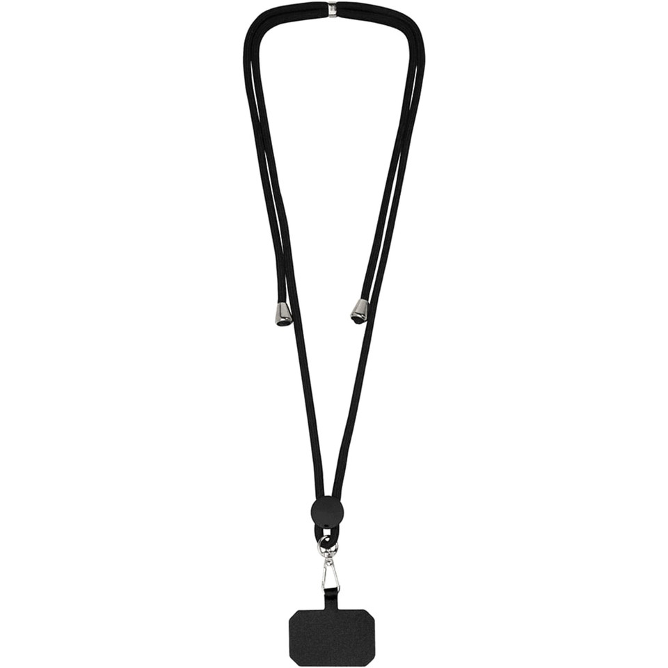 A black lanyard with two cord ends and a rectangular attachment point. It features a branded logo.