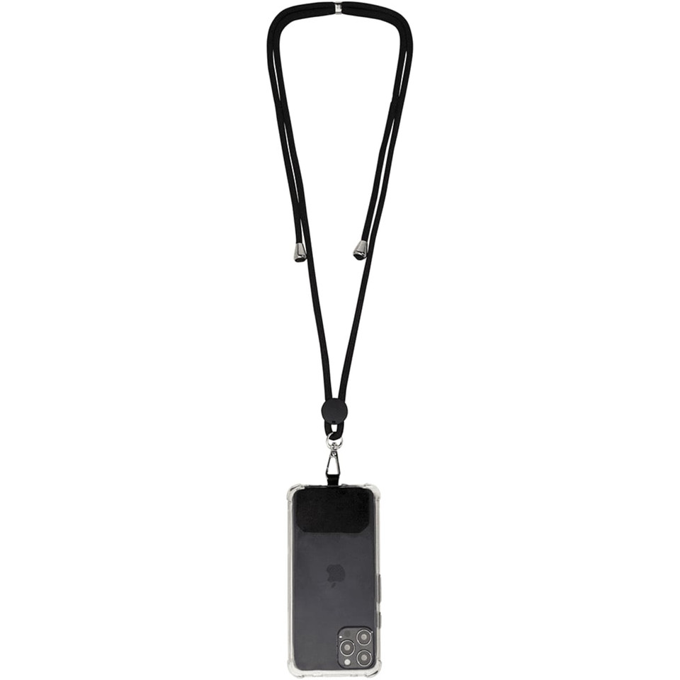 A black phone lanyard holds a phone case with a transparent back and camera cutout, featuring a branding logo.