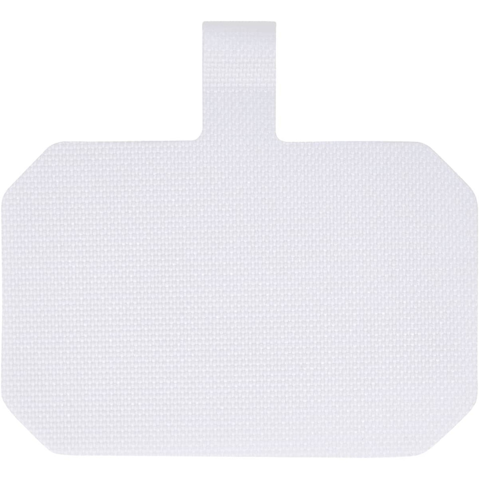 A white lanyard with a rectangular attachment, featuring a textured surface and a hanging loop.