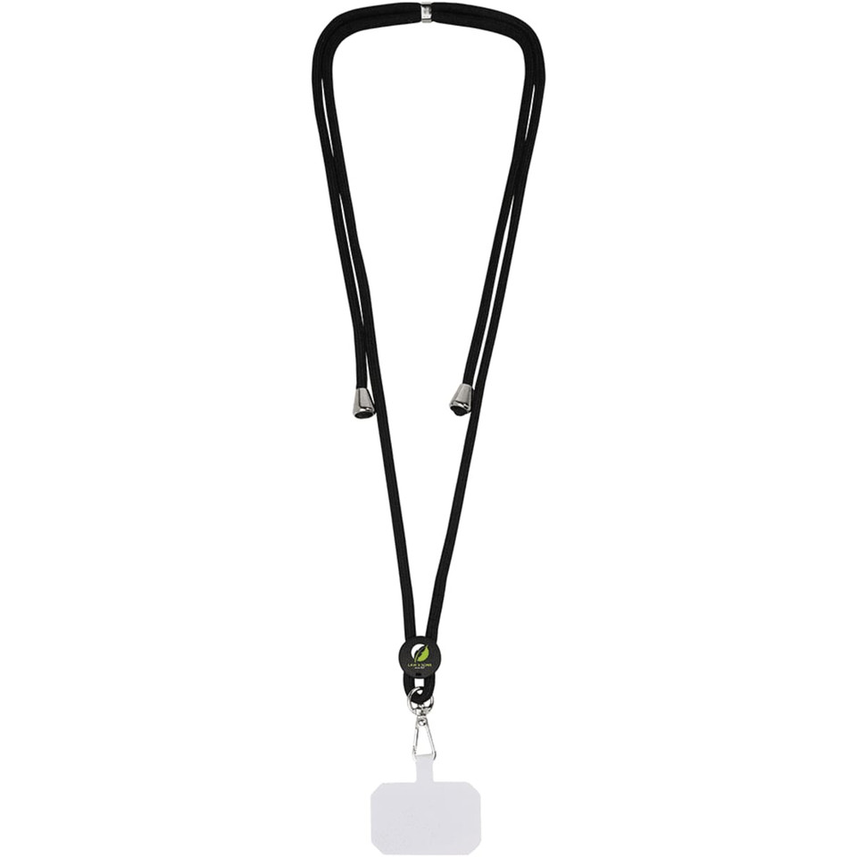 A black phone lanyard with adjustable straps and a clip for attachment. It features a logo near the clasp.