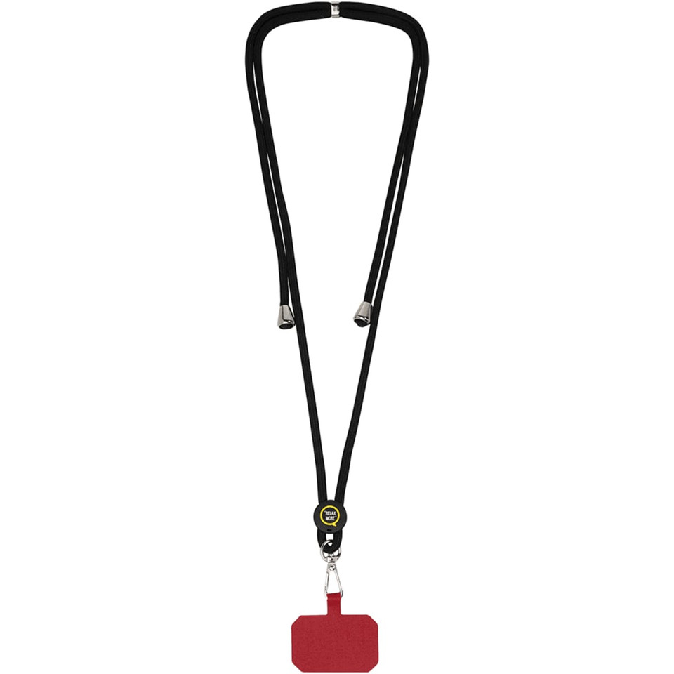 A black phone lanyard with a red attachment at the bottom and a circular clasp in the centre.