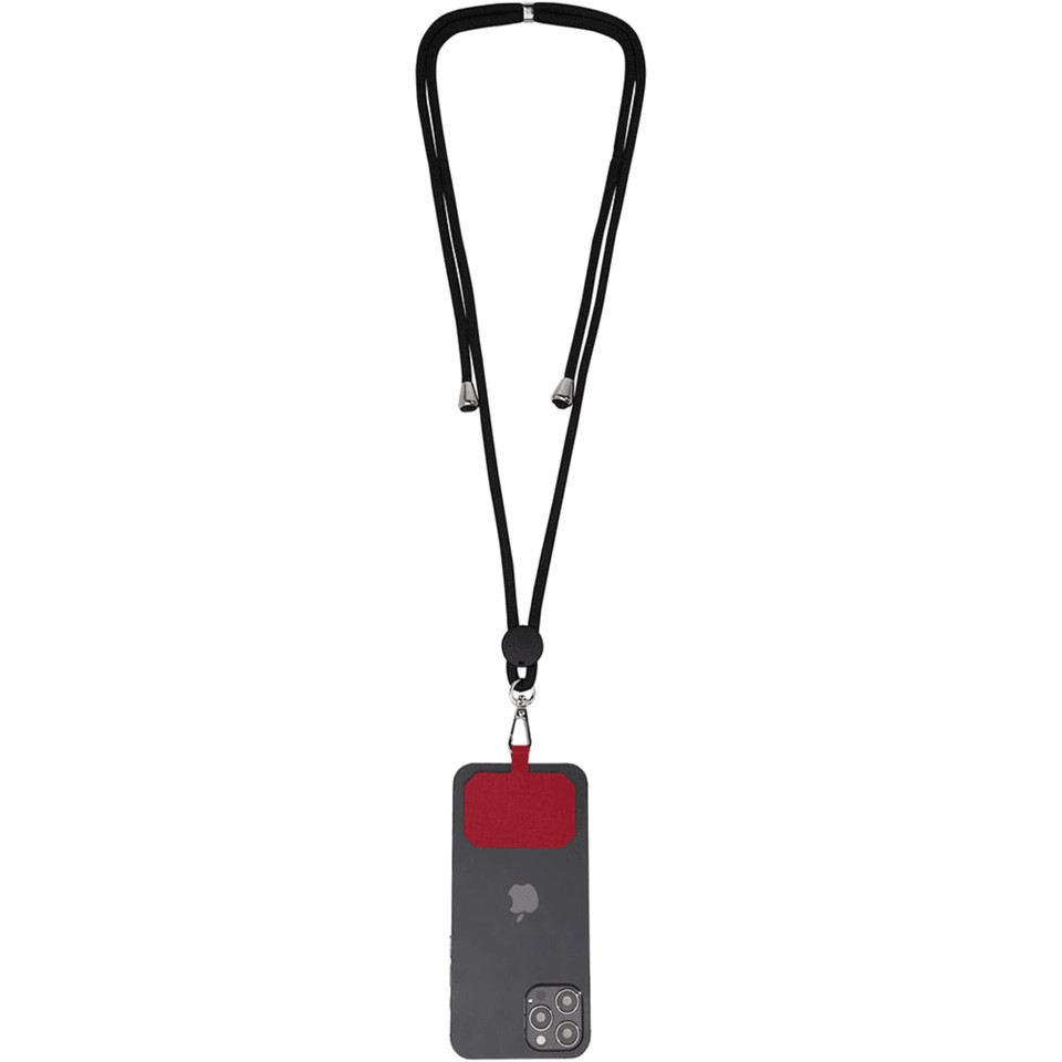 A phone lanyard featuring a black strap and a grey phone holder with a red attachment. It has a logo on the holder.