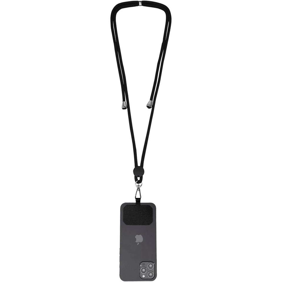 A black phone lanyard holding a smartphone, featuring a simple design and a logo on the lanyard.